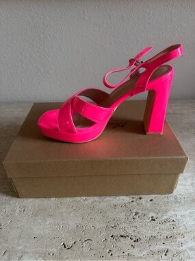 Neon Pink Patent Platform Block Heel Sandals with Ankle Strap